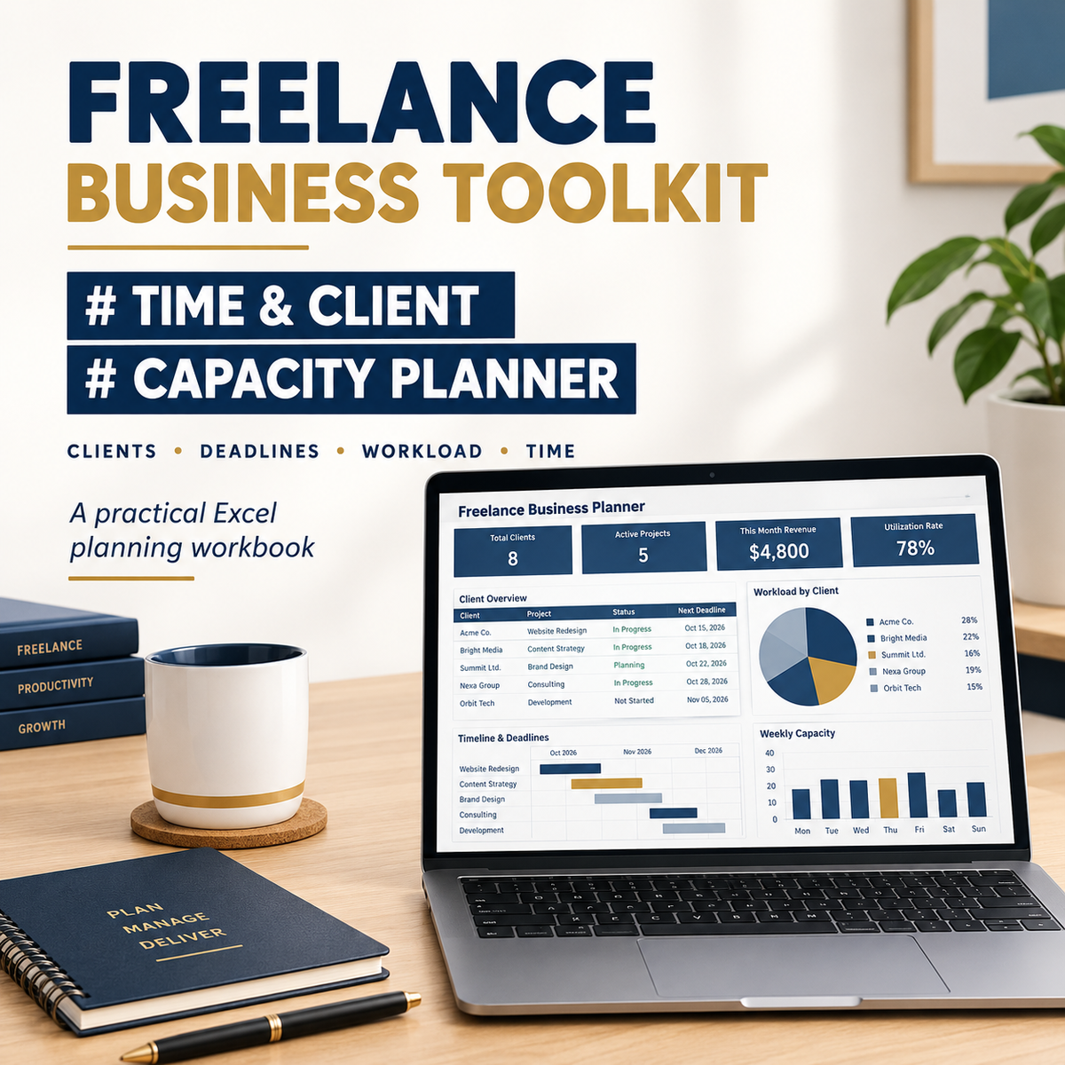 Freelancer Time & Client Capacity Planner | Plan Client Work, Manage Deadlines, Track Your Hours, and Protect Your Capacity